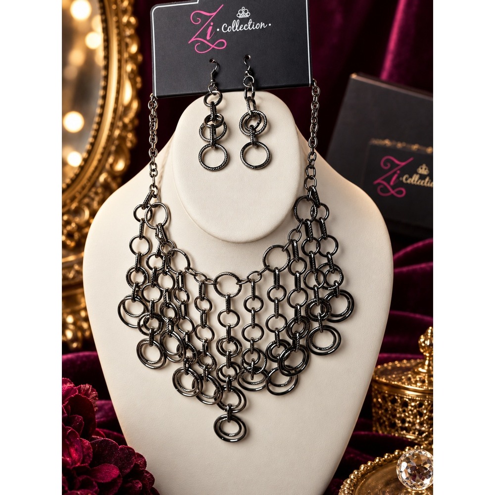 Paparazzi Zi Collection Gunmetal Tiered Ring Bib Necklace and Earrings Set